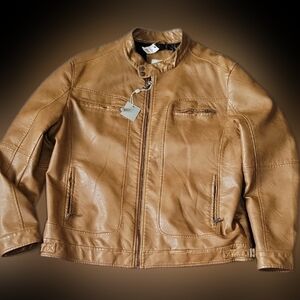 NWT Tan Leather Bomber Jacket with Classic Design
